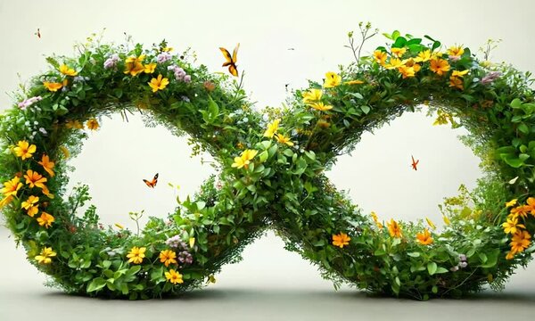 An intricate green infinity symbol made from lush plants and flowers, with butterflies hovering around, symbolizing nature and renewal
