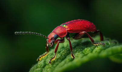 Fototapeta premium close up of red beetle on green leaf. It looks like it getting ready to move