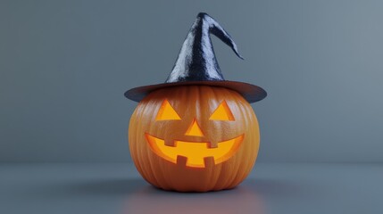 Fototapeta premium A brightly lit jack-o'-lantern wears a glossy black witch hat, casting an enigmatic glow amid a gently blue-tinged background, perfect for adding Halloween charm.