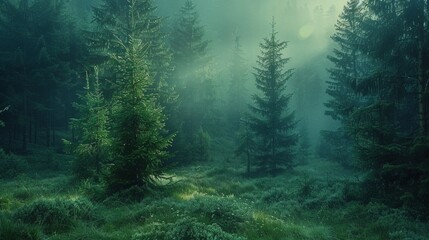mystical forest scene enveloped in a gentle mist, with towering evergreens reaching into sky
