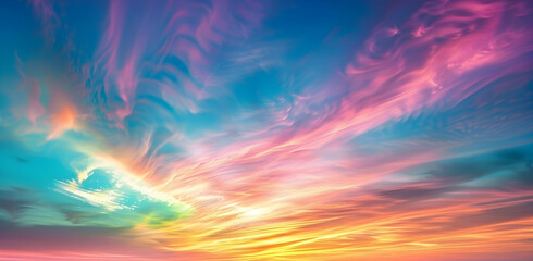 Fototapeta premium Beautiful sky with stunning clouds at sunset. A photo of the colorful pink and blue sky with a gradient in shades of orange, yellow, purple, and green