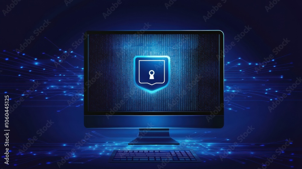 Fototapete A dark-themed computer display showcases a glowing blue protection icon, emphasizing the importance of cybersecurity measures today. Generative AI