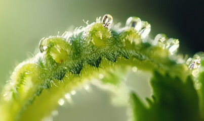 Fototapeta premium Close up macro shot of green leaf with dew drops
