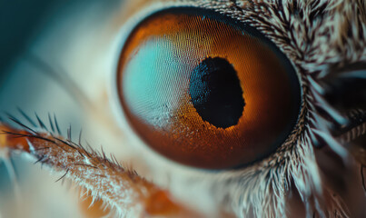 close up macro shot of an insect eye, showing intricate details and textures. eye is mesmerizing blend of brown, blue, and black hues