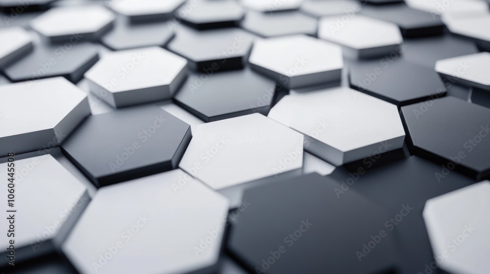 Poster a hexagonal grid pattern, featuring a monochromatic color scheme of light and dark greys on a white 