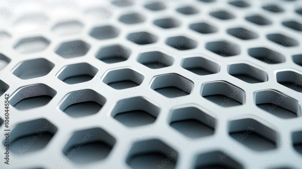Poster a hexagonal grid pattern, featuring a monochromatic color scheme of light and dark greys on a white 