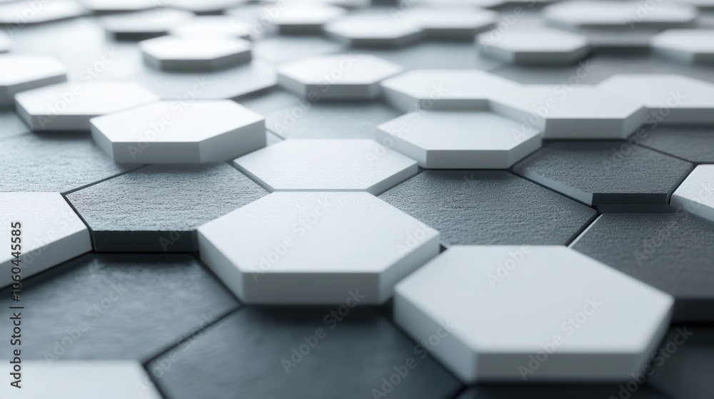 Poster a hexagonal grid pattern, featuring a monochromatic color scheme of light and dark greys on a white 