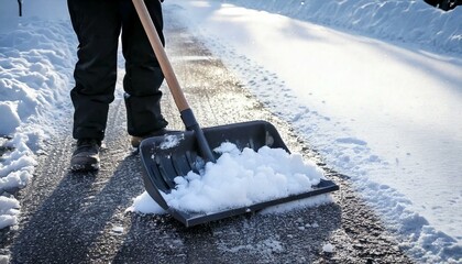 Clearing snow from a sidewalk with a snow shovel