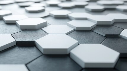 a hexagonal grid pattern, featuring a monochromatic color scheme of light and dark greys on a white background.