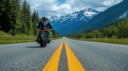 Motorcycle Rider on Open Road with Mountain View