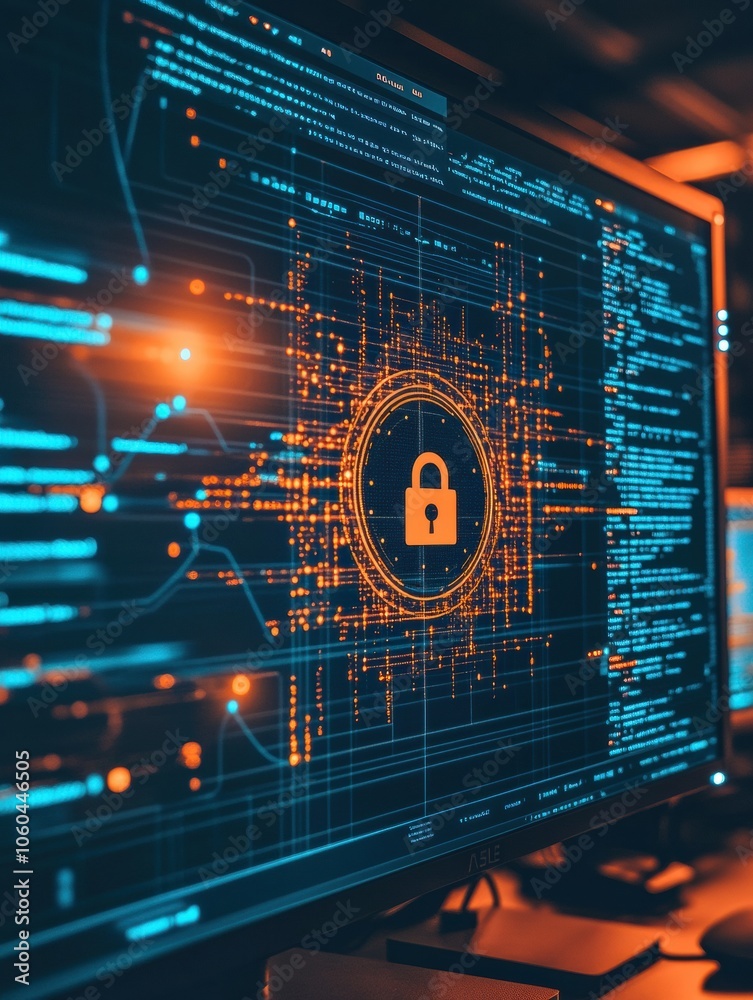 Aufkleber The screen prominently features a central lock icon, representing cybersecurity measures in a tech environment focused on data protection. Generative AI