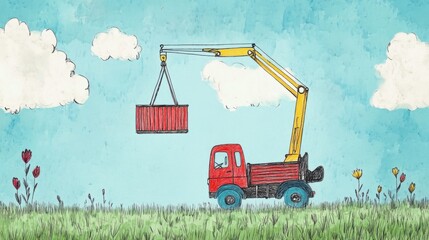 Crane Truck Illustrating Load Lift in a Cartoon Style