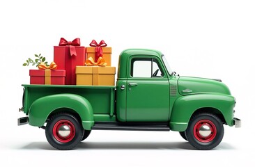 A vibrant green truck filled with colorful Christmas gifts and pine trees stands ready for holiday delivery, celebrating the spirit of New Year and Christmas in a picturesque winter wonderland
