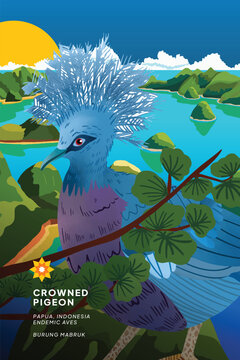 Indonesian endemic bird illustration with beautiful scenery design inspiration
