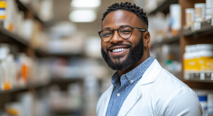 Fototapeta premium A smiling pharmacist wearing a lab coat stands among organized medication shelves in a bright pharmacy, showcasing professionalism and approachability