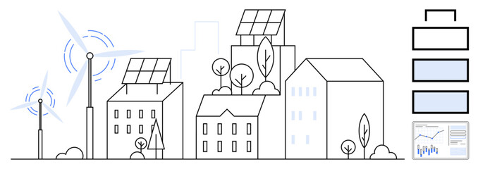 Buildings with solar panels and wind turbines powering urban setting, trees, time-of-day indicators, battery levels, and analytics. Ideal for renewable energy, smart cities, sustainability, green
