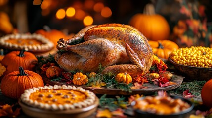 A traditional Thanksgiving table setting centered around a perfectly roasted turkey, surrounded by pies, pumpkins, and corn, creating a warm festive ambient.