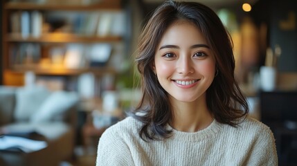 A freelancer woman smiling broadly while holding a coffee cup