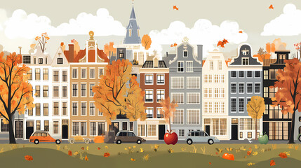 A flat design of the cityscape of Amsterdam with brown. There are several cars parked on both sides of the street under trees with colored leaves.