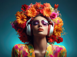 Obraz premium A vibrant woman with a colorful floral afro and white headphones radiates confidence and joy. Her bold, artistic style and expressive look create a fashionable, lively, and festival-ready vibe.