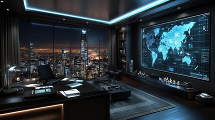 Modern office with a large world map on the wall and a view of the city at night.