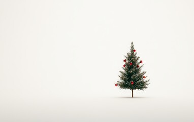Mini Christmas Tree A small, minimalist Christmas tree decorated with tiny ornaments, sitting alone on a white background with clean lines and ample empty space 