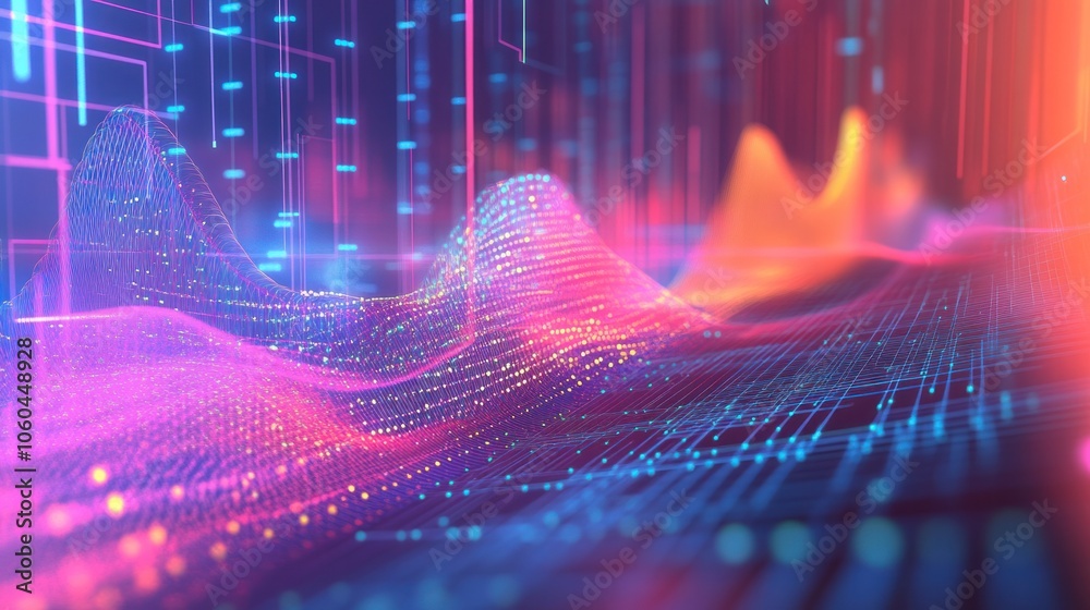 Poster vibrant, abstract representation of data and technology, with colorful lines and dots interconnected