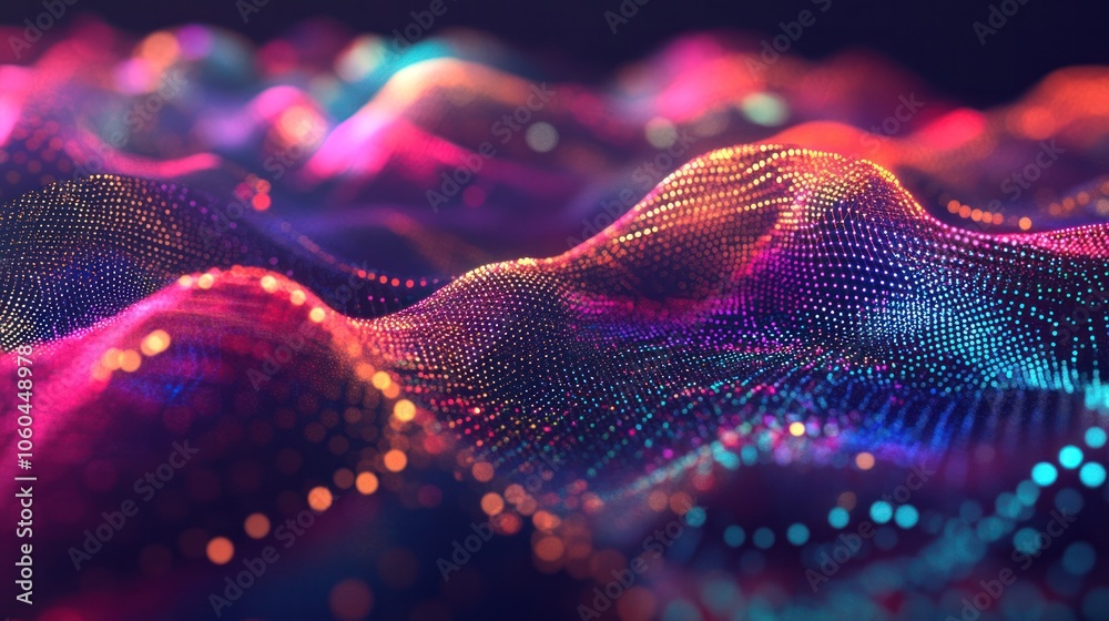 Poster vibrant, abstract representation of data and technology, with colorful lines and dots interconnected