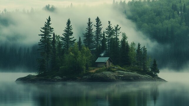 A island in middle of lake and smoge covered UHD wallpaper