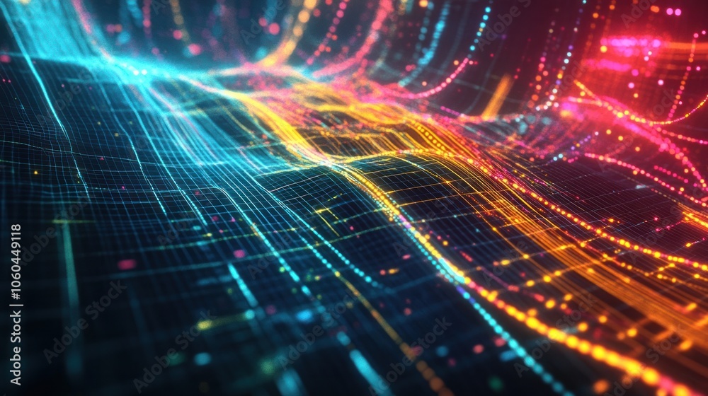 Poster vibrant, abstract representation of data and technology, with colorful lines and dots interconnected