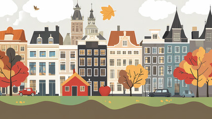 Fototapeta premium A flat design of the cityscape of Amsterdam with brown. There are several cars parked on both sides of the street under trees with colored leaves.
