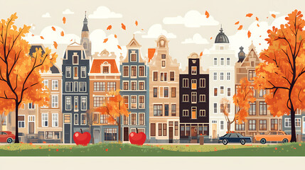 Fototapeta premium A flat design of the cityscape of Amsterdam with brown. There are several cars parked on both sides of the street under trees with colored leaves.
