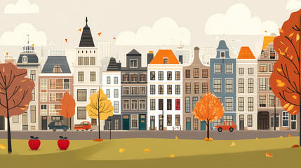 Naklejka premium A flat design of the cityscape of Amsterdam with brown. There are several cars parked on both sides of the street under trees with colored leaves.