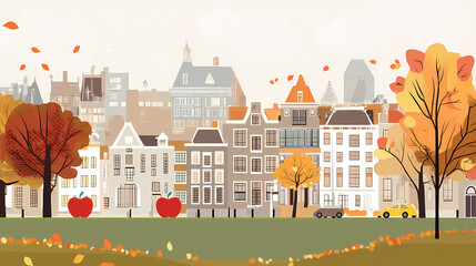 A flat design of the cityscape of Amsterdam with brown. There are several cars parked on both sides of the street under trees with colored leaves.