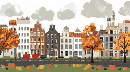 Obraz premium A flat design of the cityscape of Amsterdam with brown. There are several cars parked on both sides of the street under trees with colored leaves.