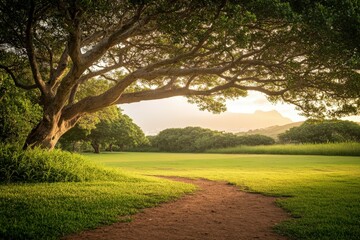 Fototapeta premium A serene sunset scene over the ocean on a cloudy day, perfect for travel or nature-themed projects. Beautiful simple AI generated image