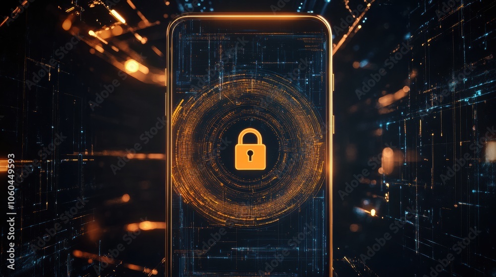 Poster The smartphone screen features a prominent lock icon, symbolizing security in a digital setting, glowing amidst abstract patterns. Generative AI
