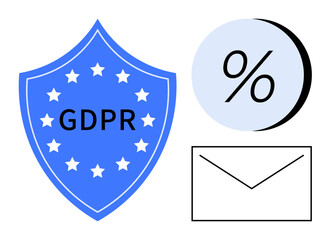 GDPR compliance shield with stars, percentage icon in blue circle, and email envelope. Ideal for data privacy, online security, regulatory compliance, email marketing, data management, EU