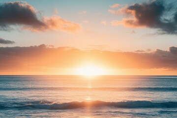 Fototapeta premium A serene sunset scene over the ocean on a cloudy day, perfect for travel or nature-themed projects. Beautiful simple AI generated image