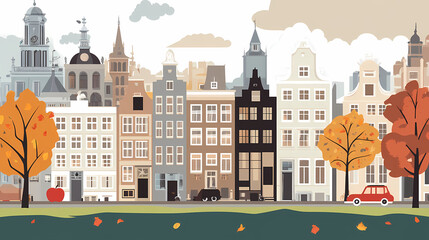 Fototapeta premium A flat design of the cityscape of Amsterdam with brown. There are several cars parked on both sides of the street under trees with colored leaves.