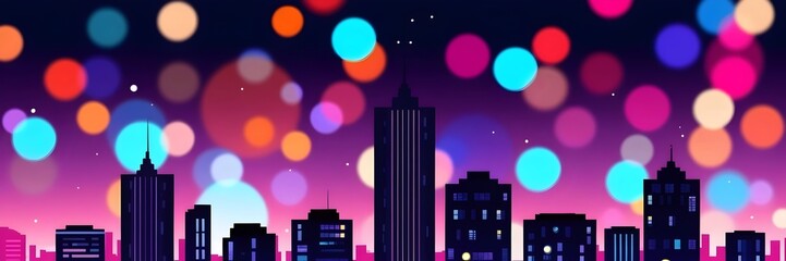 Fototapeta premium Modern City Skyline Silhouette with Colorful Bokeh Background and banner, generative AI