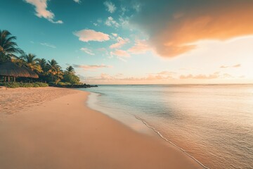Fototapeta premium A serene sunset scene over the ocean on a cloudy day, perfect for travel or nature-themed projects. Beautiful simple AI generated image