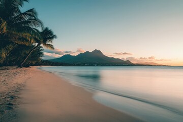 Naklejka premium A serene sunset scene over the ocean on a cloudy day, perfect for travel or nature-themed projects. Beautiful simple AI generated image