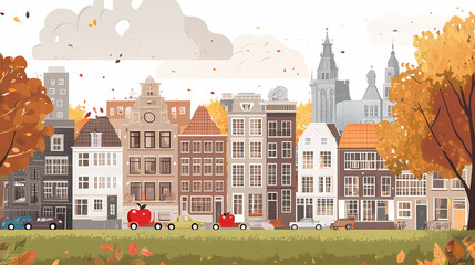A flat design of the cityscape of Amsterdam with brown. There are several cars parked on both sides of the street under trees with colored leaves.
