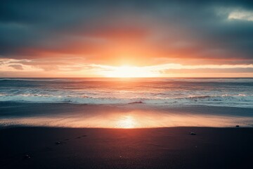 Obraz premium A serene sunset scene over the ocean on a cloudy day, perfect for travel or nature-themed projects. Beautiful simple AI generated image