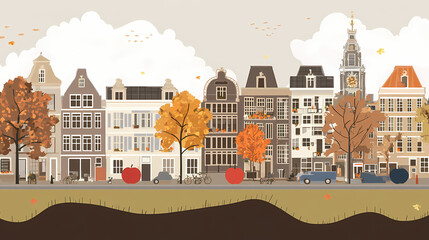 Fototapeta premium A flat design of the cityscape of Amsterdam with brown. There are several cars parked on both sides of the street under trees with colored leaves.