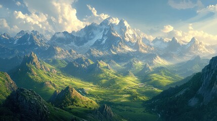 A mountain landscape bathed in morning light with sunbeams breaking over the peaks,