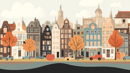 Fototapeta premium A flat design of the cityscape of Amsterdam with brown. There are several cars parked on both sides of the street under trees with colored leaves.