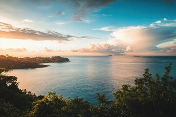 Obraz premium A serene sunset scene over the ocean on a cloudy day, perfect for travel or nature-themed projects. Beautiful simple AI generated image