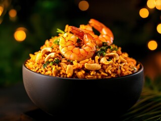 Delicious shrimp fried rice in a black bowl with vibrant decorations.